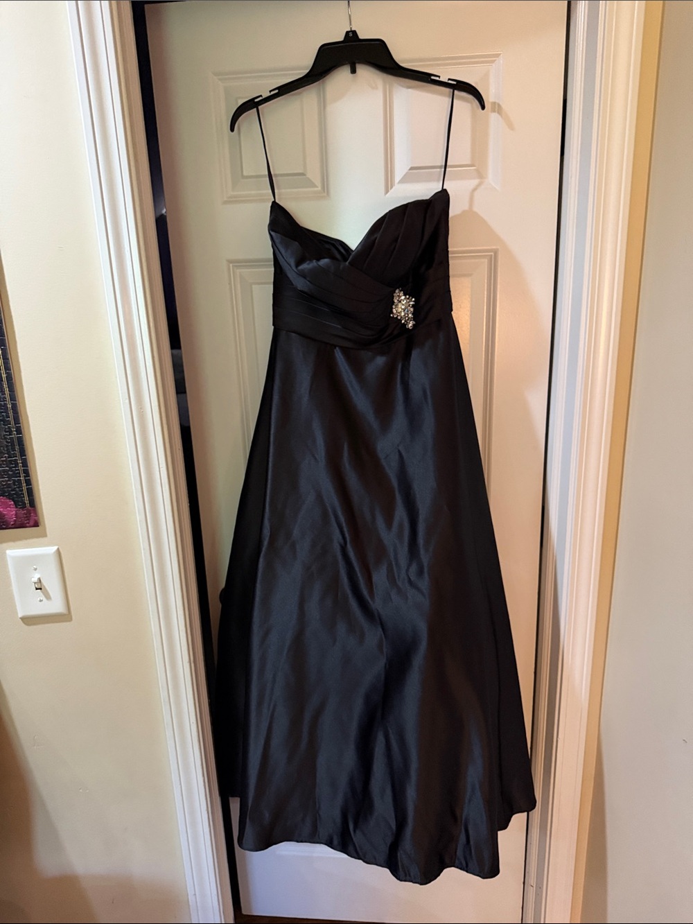 Black Spaghetti-Strap Prom Dress with Jeweled Waist Accent